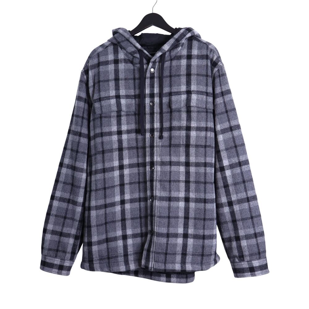 PRANA Asgard Hooded Flannel Shirt Jacket Gray Tartan Plaid Long Sleeve Men's XL